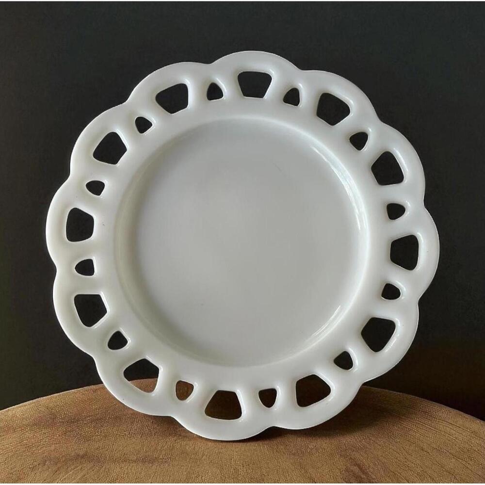 Vintage Anchor Hocking Milk Glass Plate – 8.5” Open Lace Edge – White Glass Dish